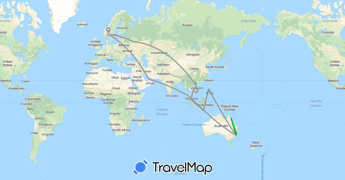 TravelMap itinerary: driving, bus, plane, train, boat in United Arab Emirates, Australia, Indonesia, Cambodia, Malaysia, Norway, Philippines, Russia, Thailand, Vietnam (Asia, Europe, Oceania)